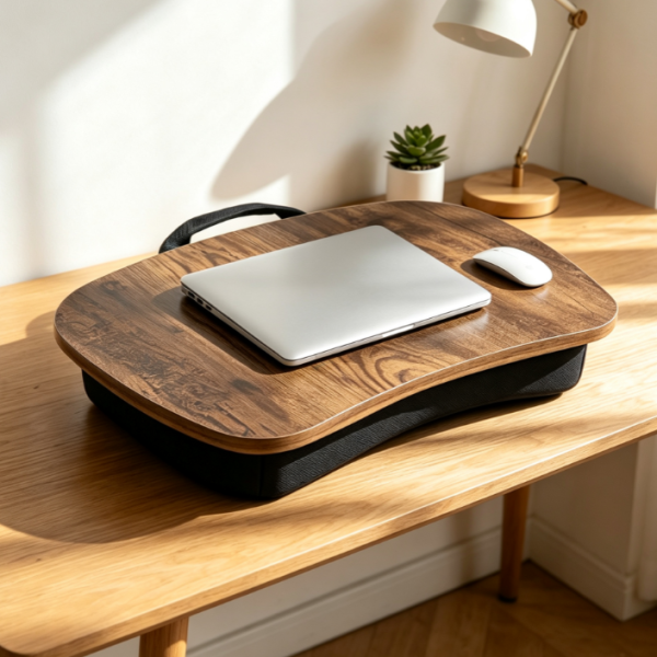 Compact Laptop Bed Tray with Handle and Cushion, Rustic Brown, 12 6" x 15 7"